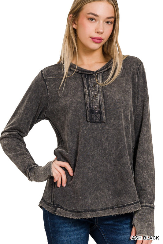 Washed Thumb Hole Cuffs Long Sleeve Top