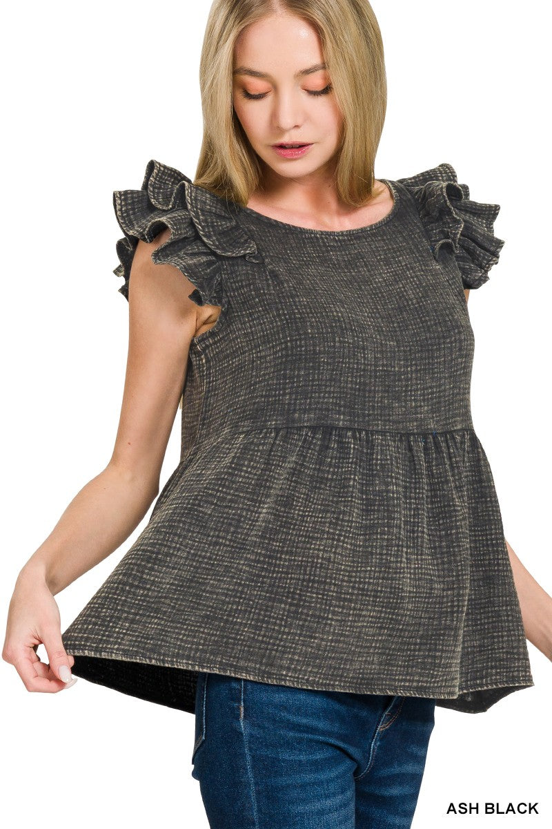 Double Gauze Acid Washed Tiered Ruffle Peplum