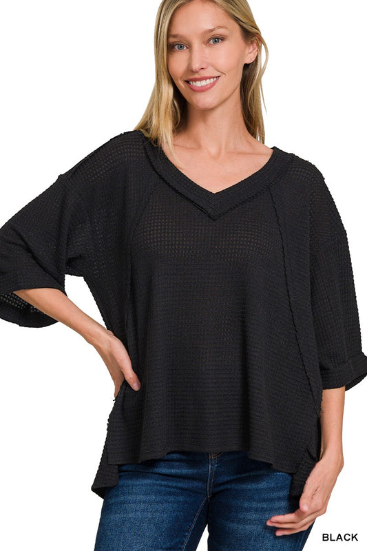 Brushed Waffle Exposed Seam 3/4 Sleeve Top