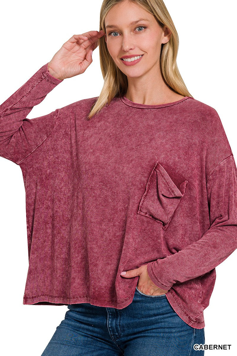 Washed Ribbed Dolman Sleeve Round Neck Top