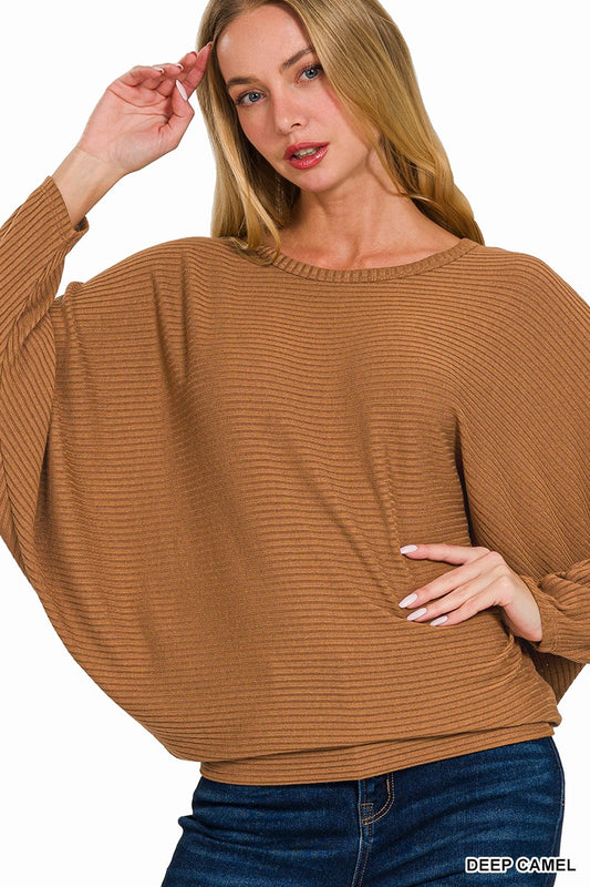 Ribbed Batwing Long Sleeve Boat Neck Sweater