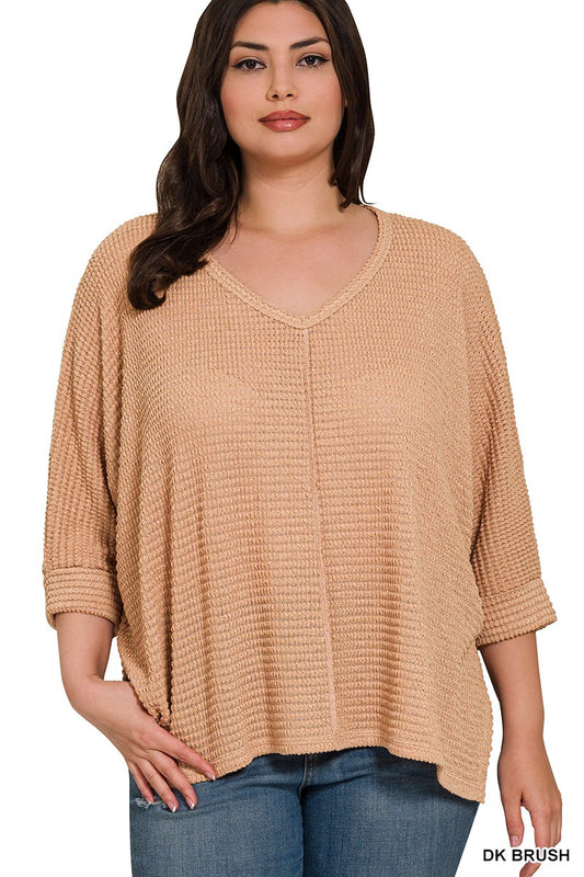 Plus 3/4 Sleeve V-neck Hi-low Hem Jacquard Sweater