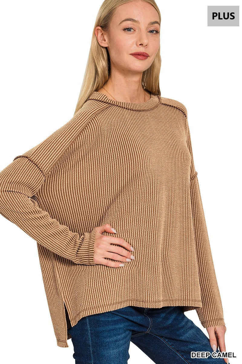 Plus Raised Rib Raw Edge Boat Neck Long Sleeve Top