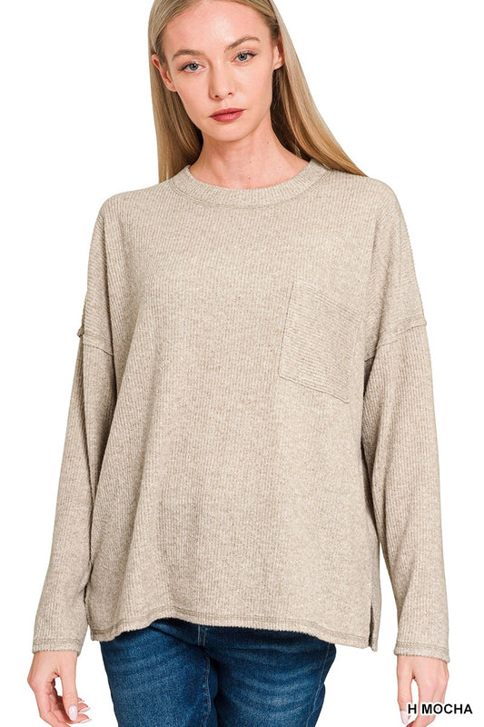 Ribbed Brushed Melange Hacci Sweater With A Pocket