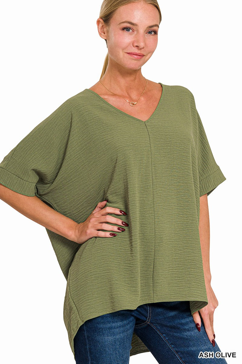 Woven Airflow V-Neck Dolman Short Sleeve Top