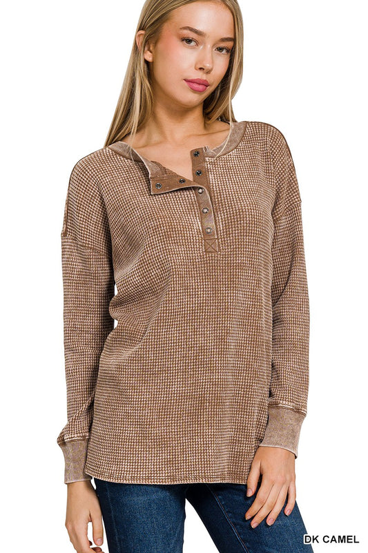 Washed Baby Waffle Henley Neckline Long Sleeve Top