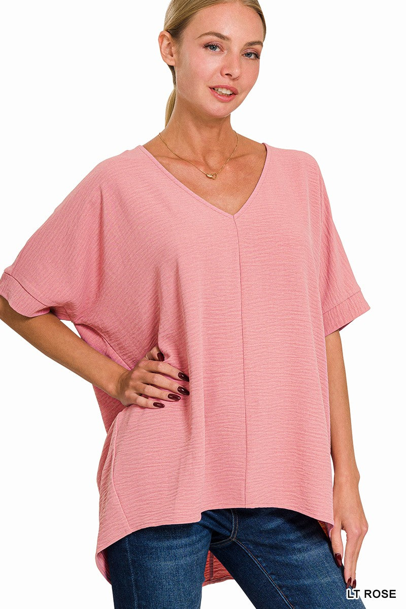 Woven Airflow V-Neck Dolman Short Sleeve Top