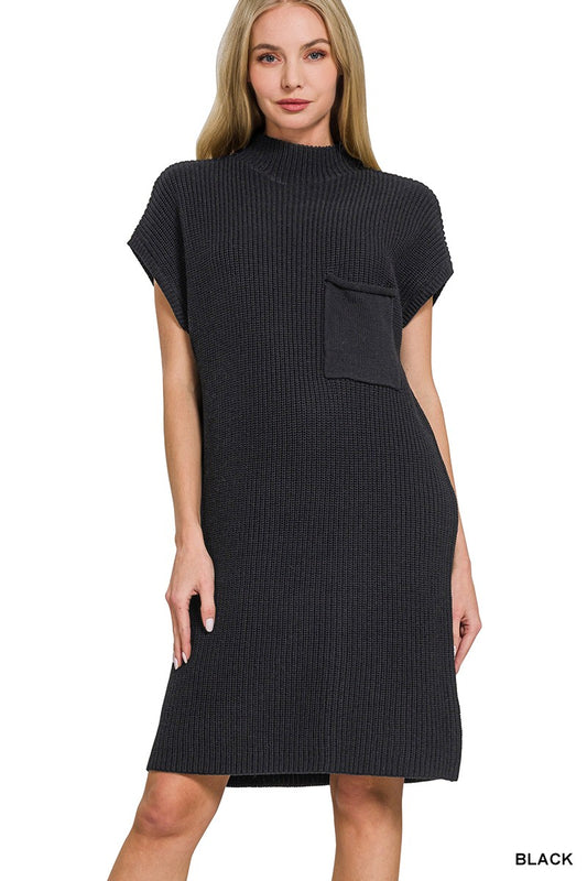 Mock Neck Short Sleeve Sweater Dress With Pocket