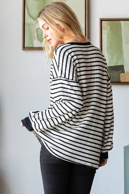 LONG PUFF SLEEVE STRIPE JACQUARD PRINT TOP