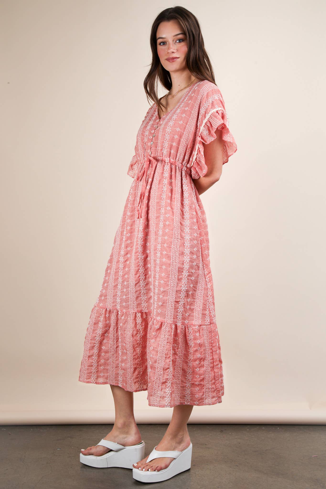 Embroidered Boho Ruffled Midi Dress