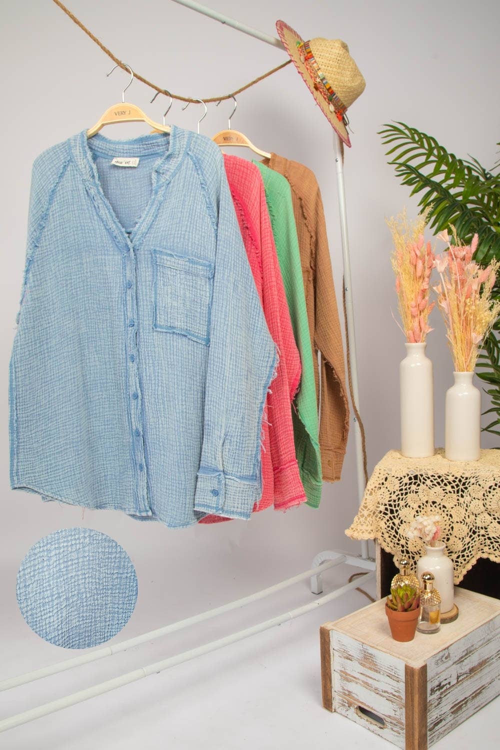 Oversized Washed Woven Crinkled Gauze Shirt Top