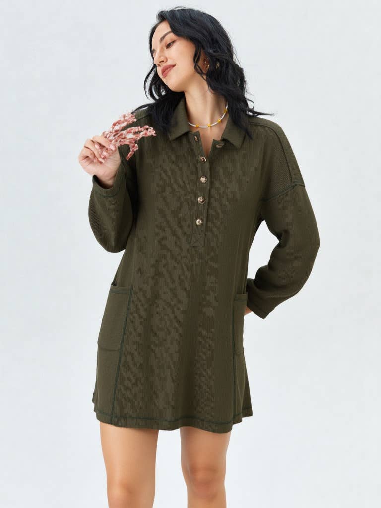 Casual Shirt Collared Knit Henley Mini Dress