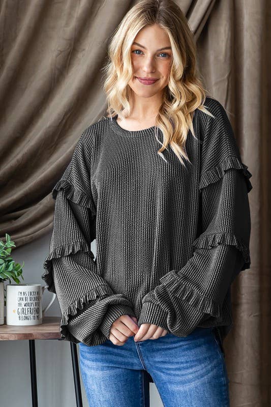 PUFF SLEEVE SOLID URBAN RIBBED TOP WITH SHIRRING