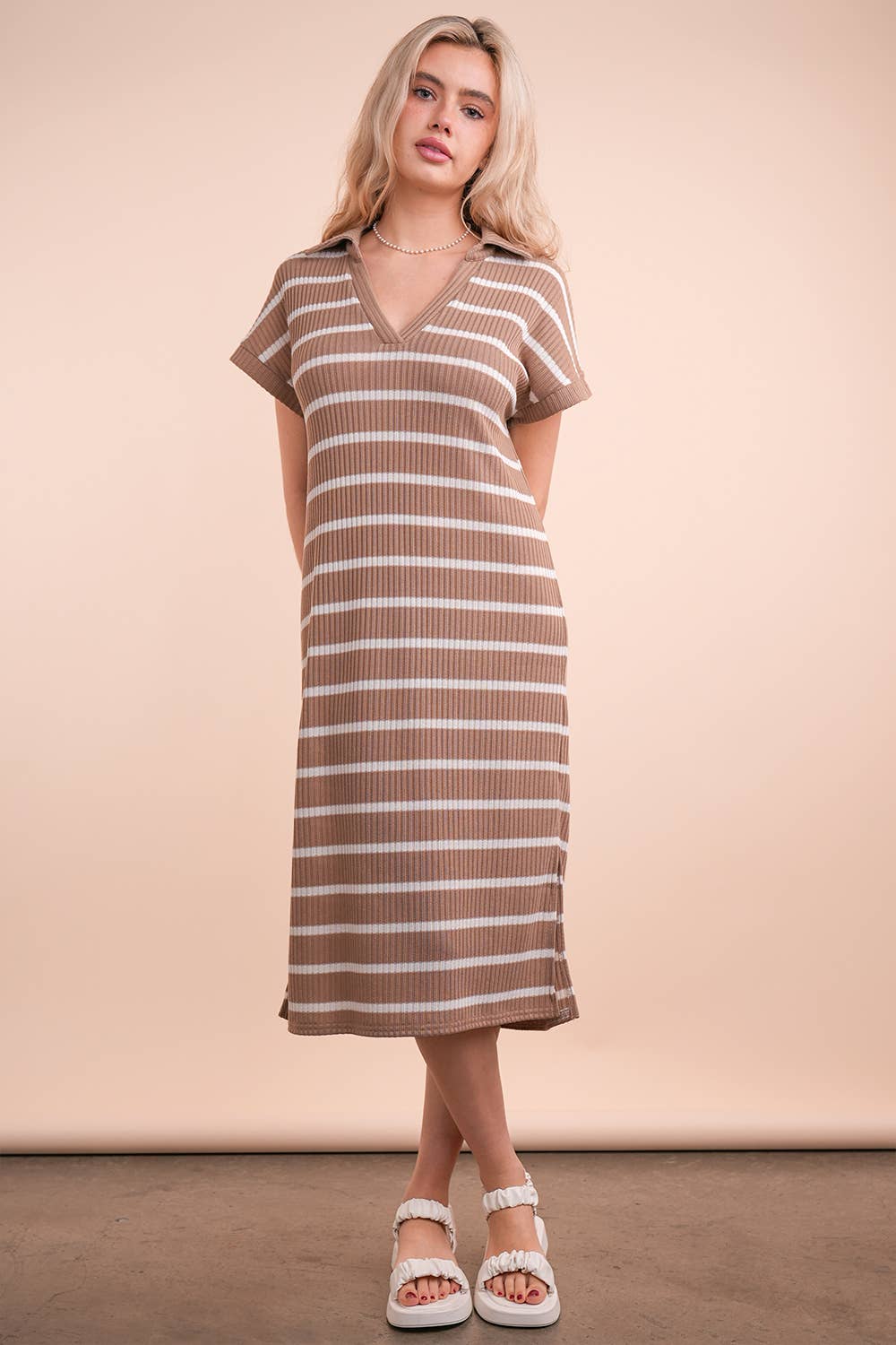 Oversized Collared Striped Knit Midi Dress