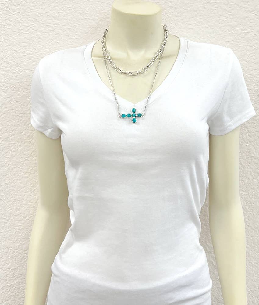 738121, Handmade Sideway Cross Turquoise Necklace