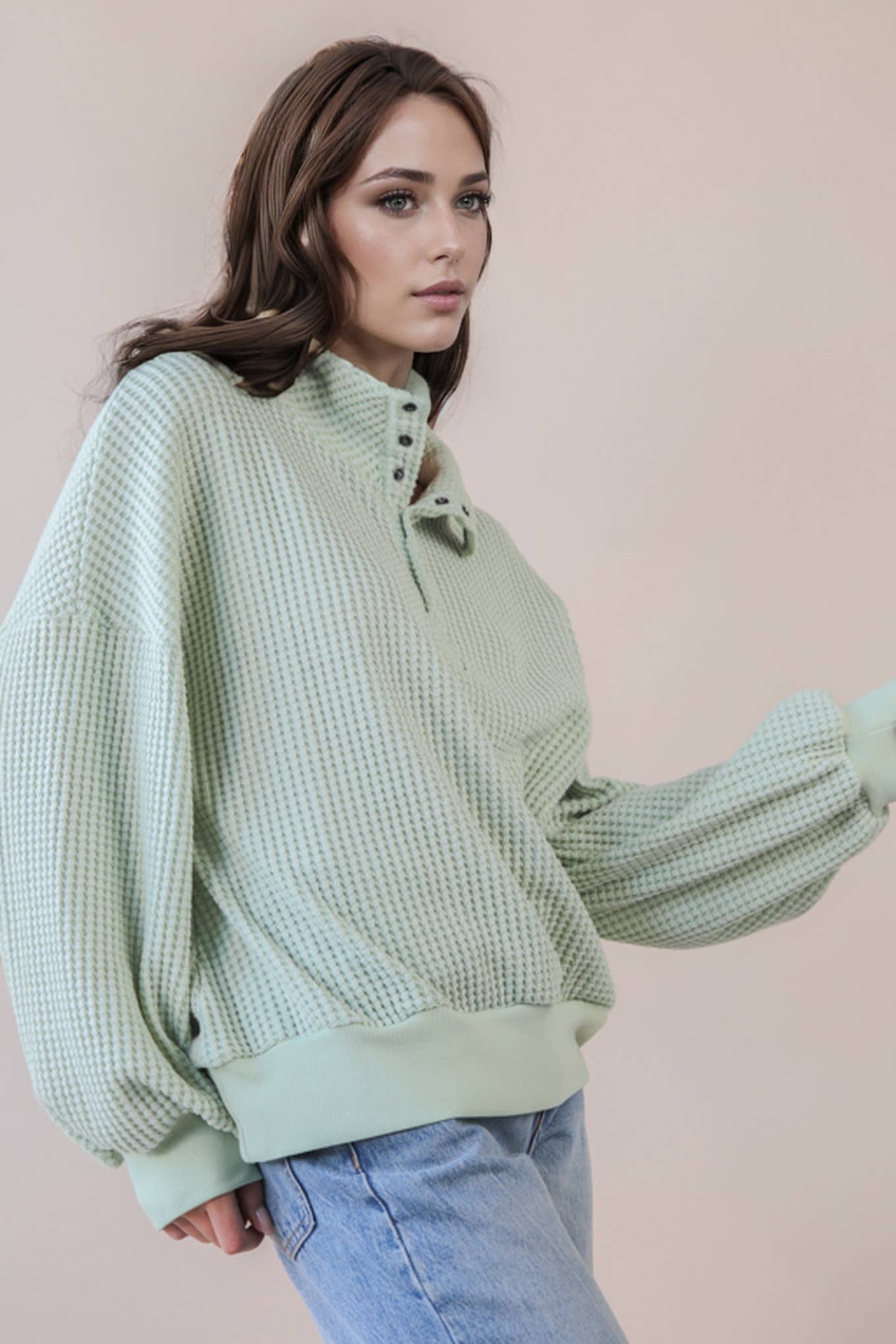 Oversized Half Button Down Casual Waffle Knit Top