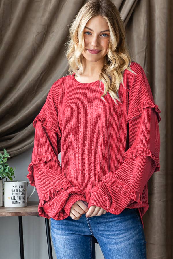 PUFF SLEEVE SOLID URBAN RIBBED TOP WITH SHIRRING