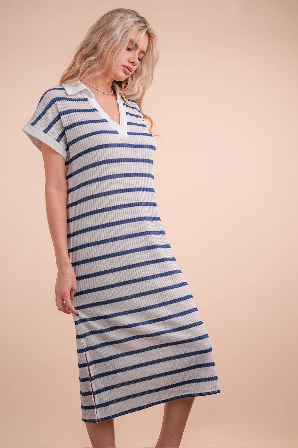 Oversized Collared Striped Knit Midi Dress
