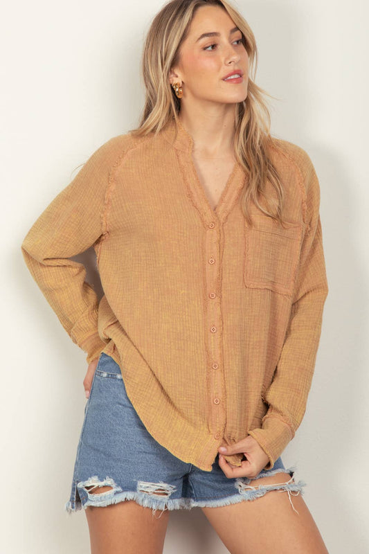 Oversized Washed Woven Crinkled Gauze Shirt Top