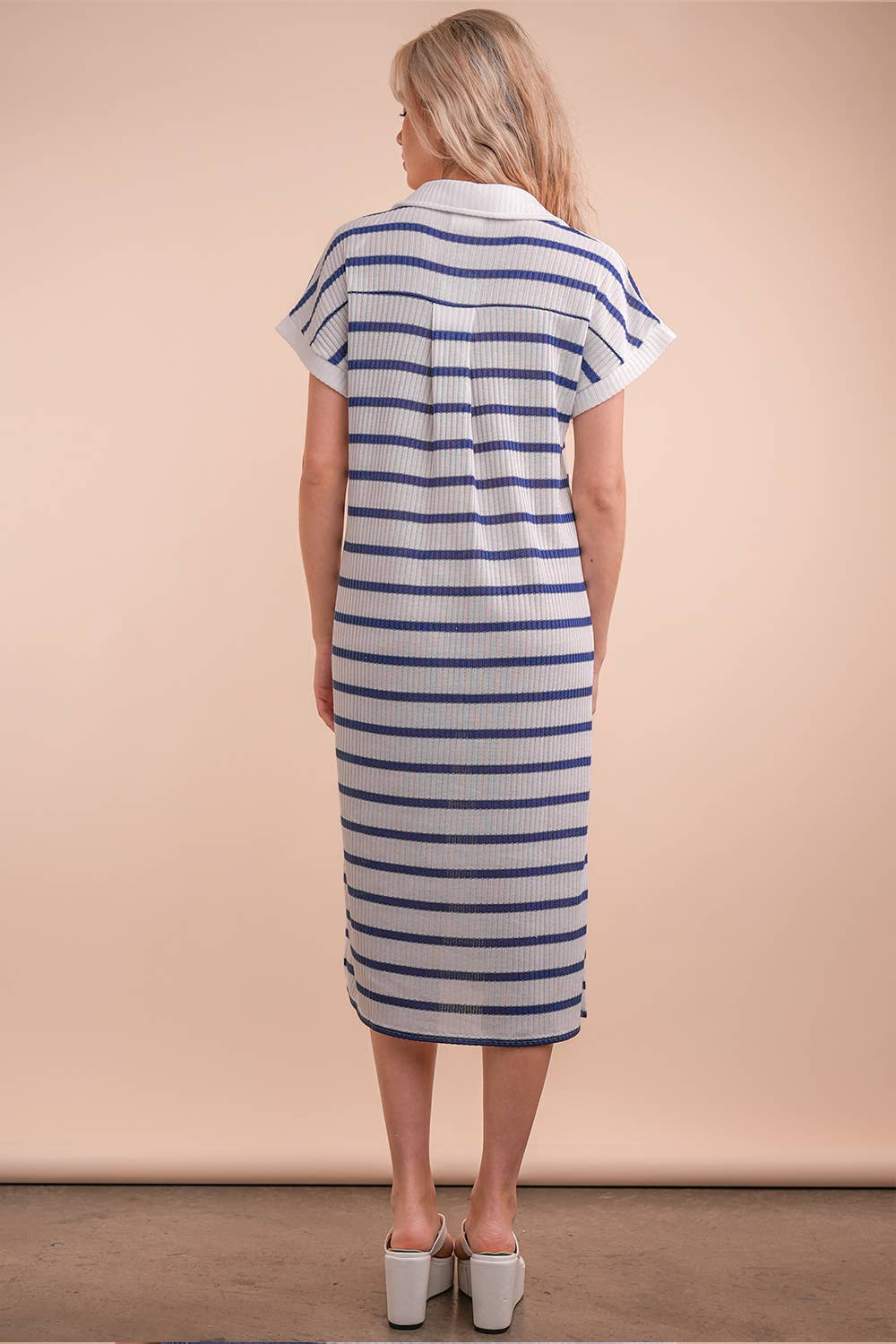 Oversized Collared Striped Knit Midi Dress