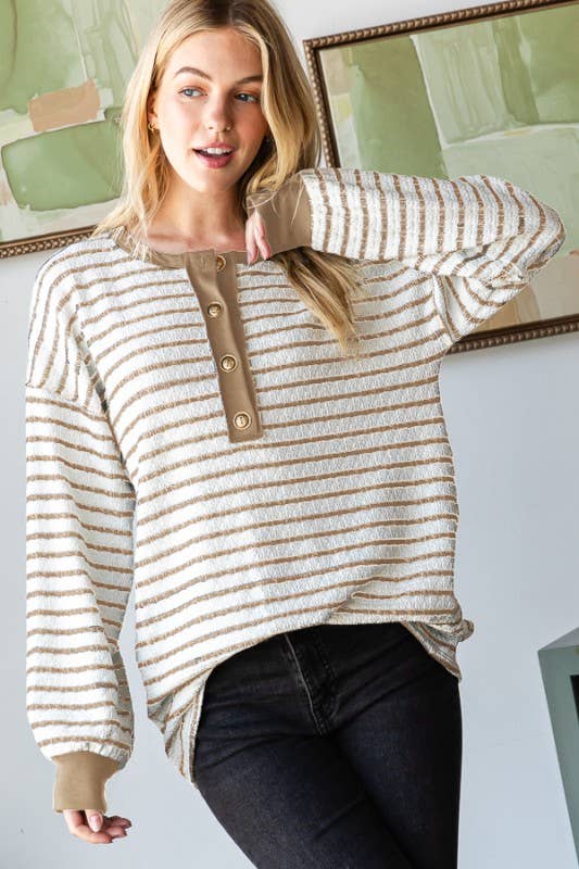LONG PUFF SLEEVE STRIPE JACQUARD PRINT TOP