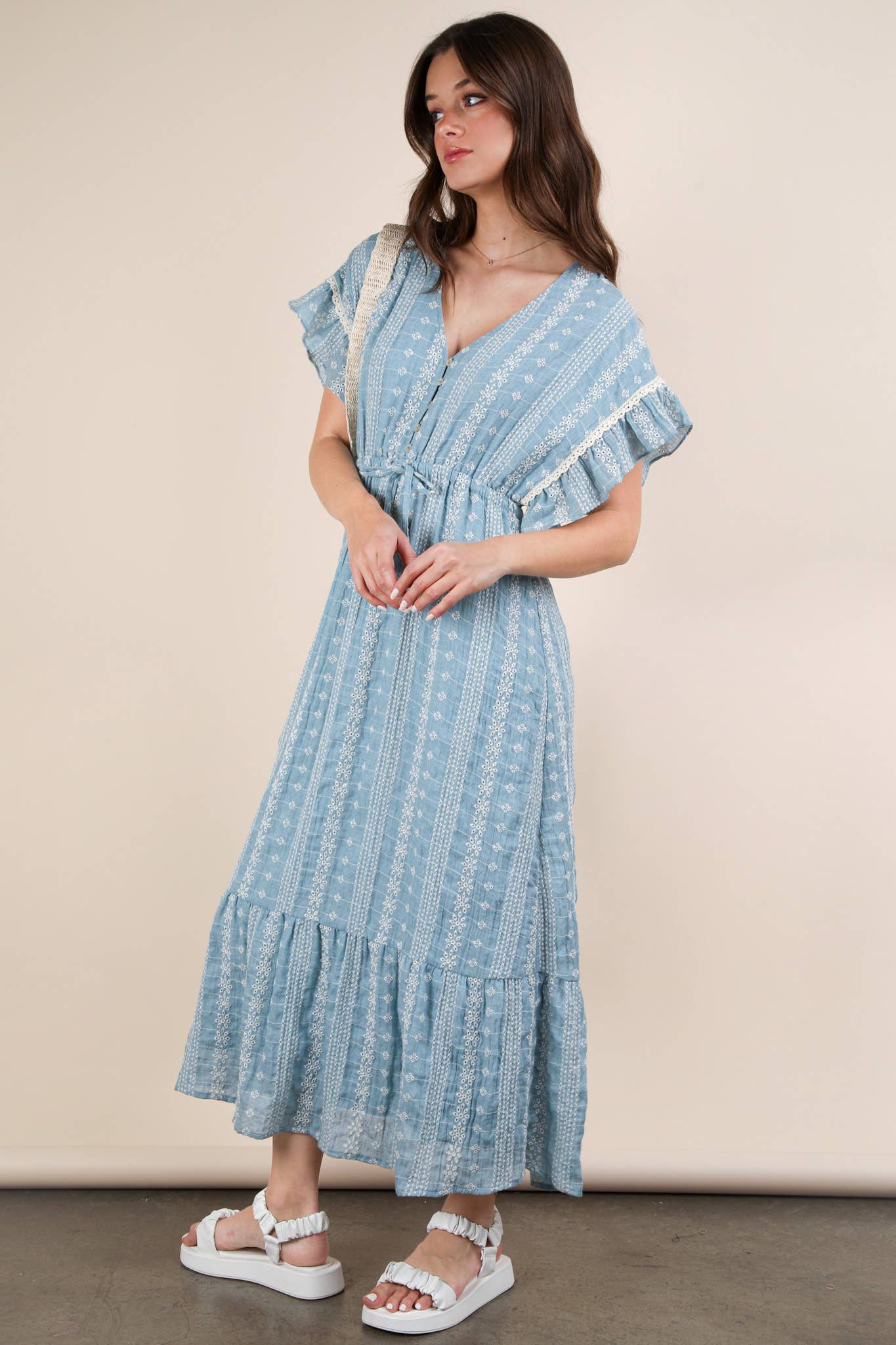 Embroidered Boho Ruffled Midi Dress