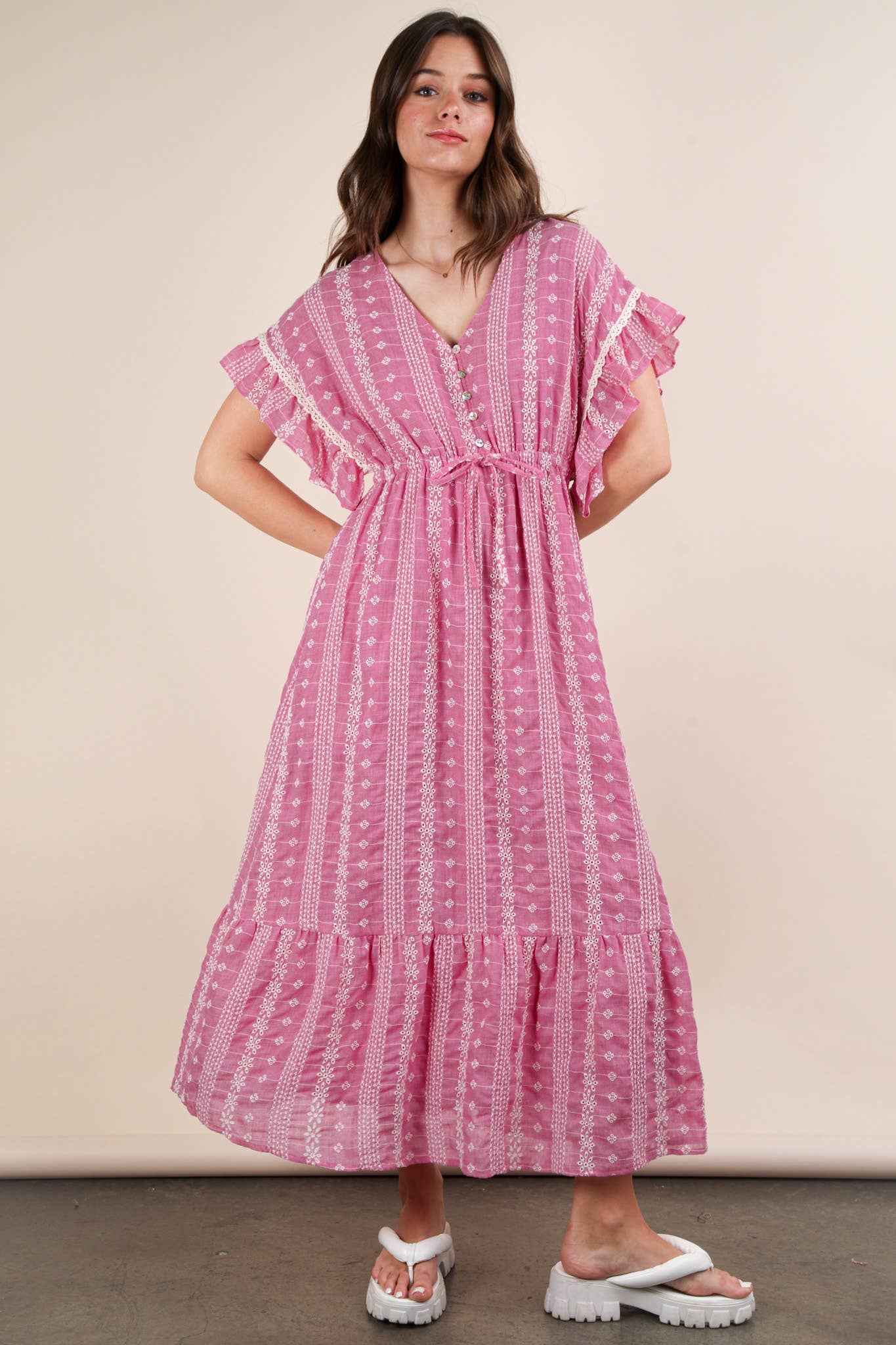 Embroidered Boho Ruffled Midi Dress