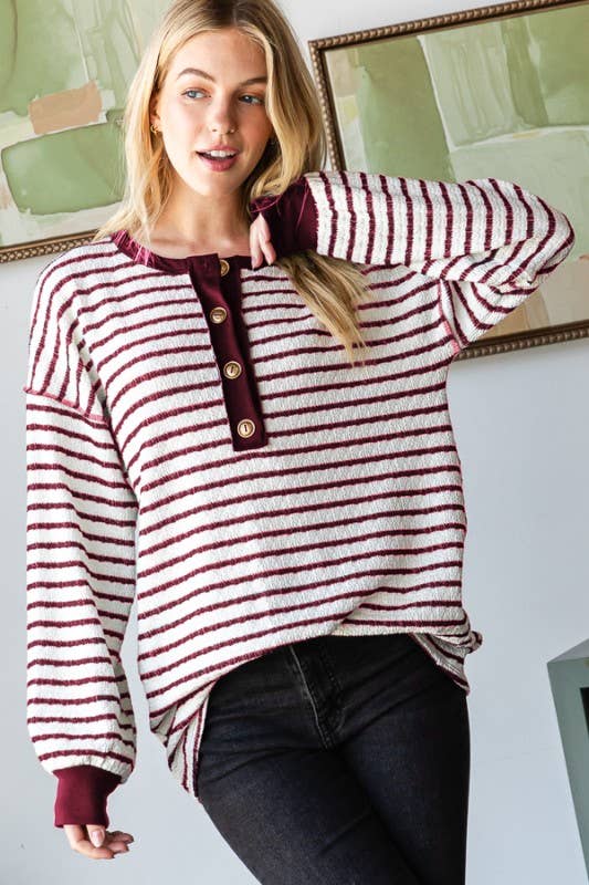 LONG PUFF SLEEVE STRIPE JACQUARD PRINT TOP