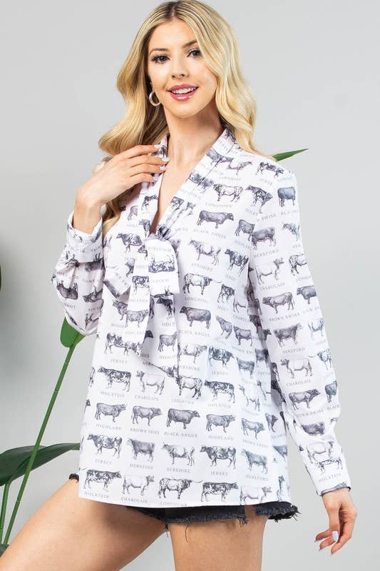 HERD PRINT KNOTTED FRONT TIE WOVEN TOP