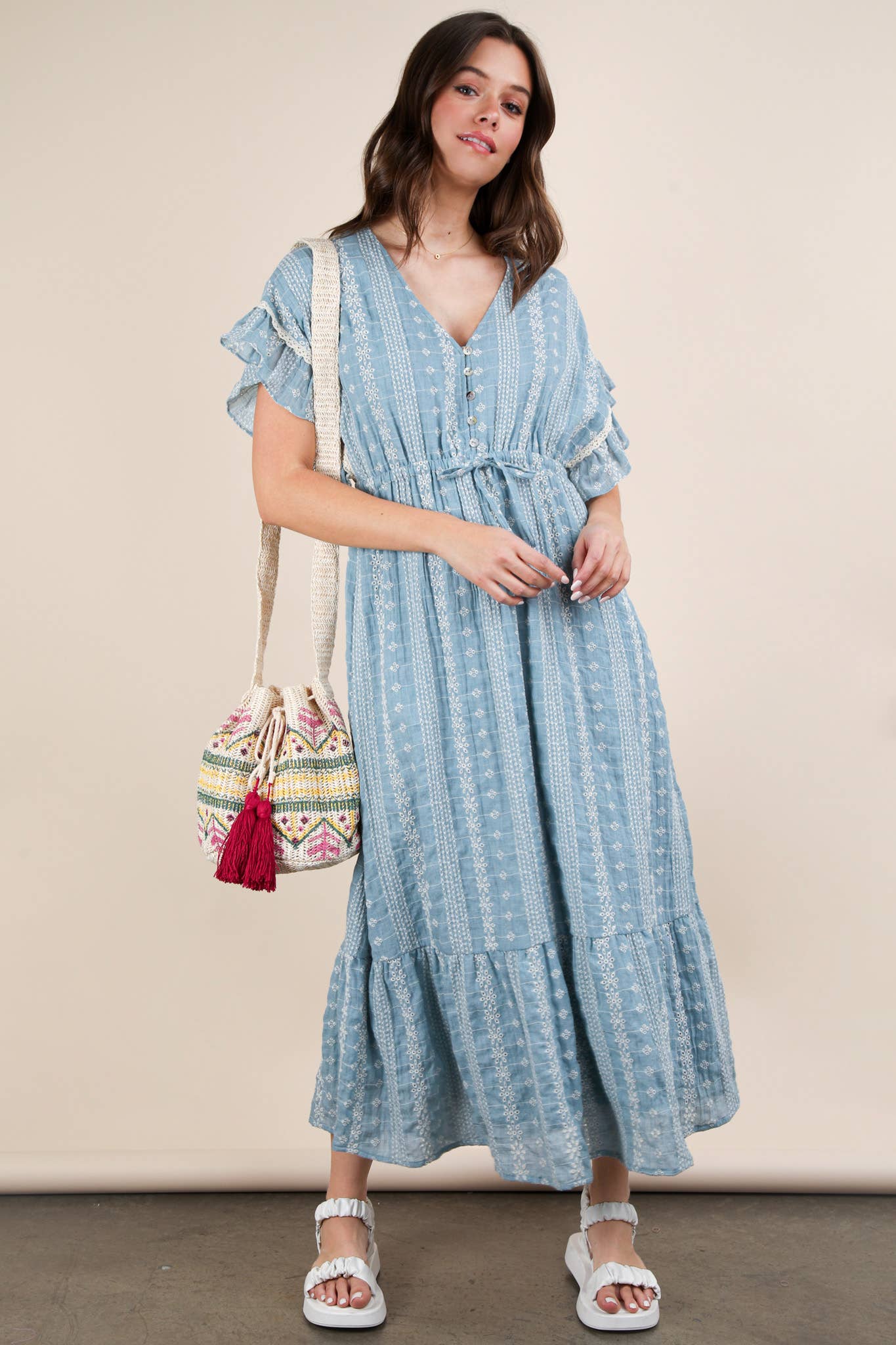 Embroidered Boho Ruffled Midi Dress