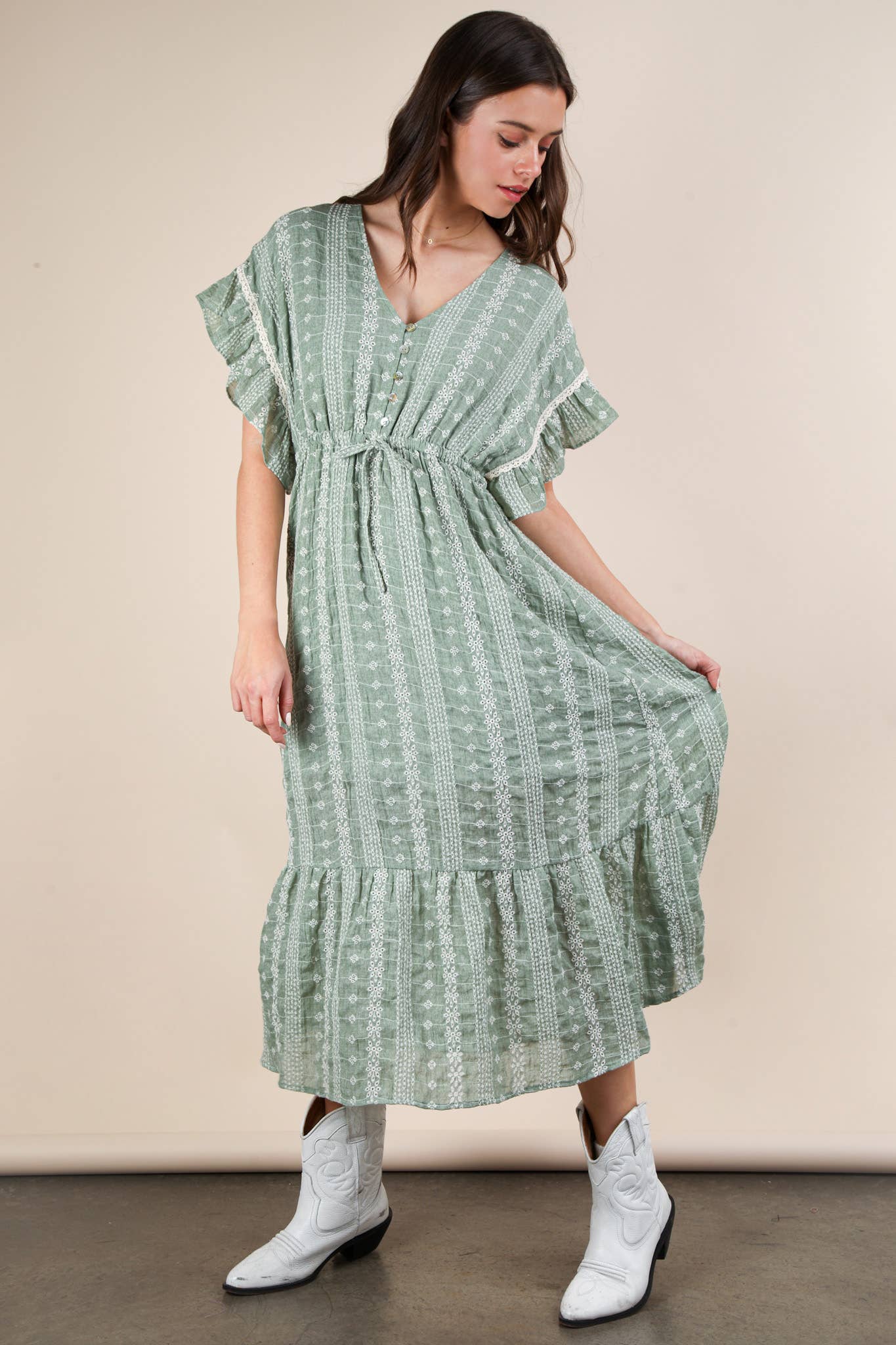 Embroidered Boho Ruffled Midi Dress