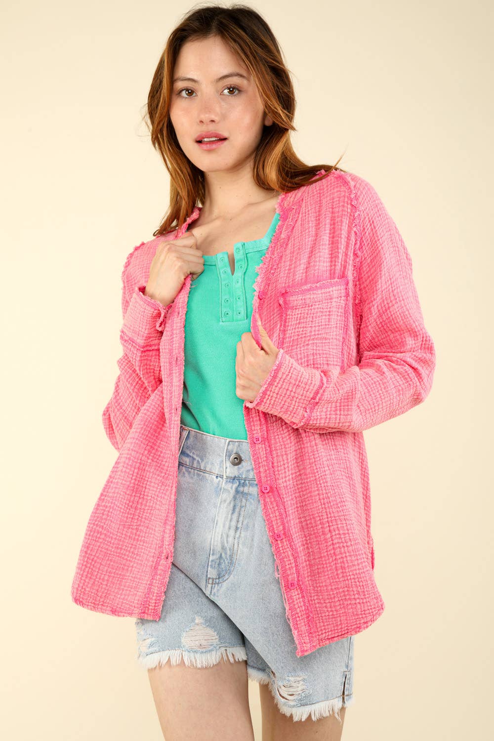 Oversized Washed Woven Crinkled Gauze Shirt Top