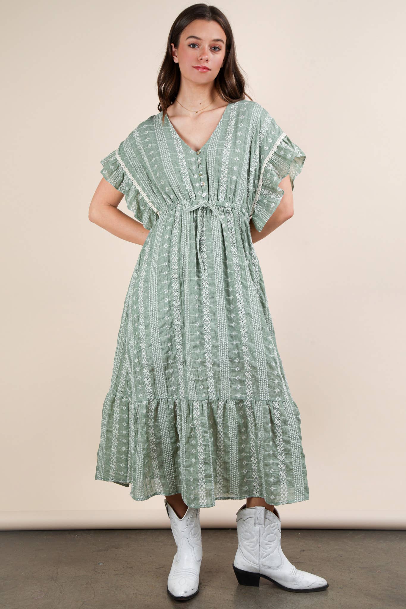 Embroidered Boho Ruffled Midi Dress