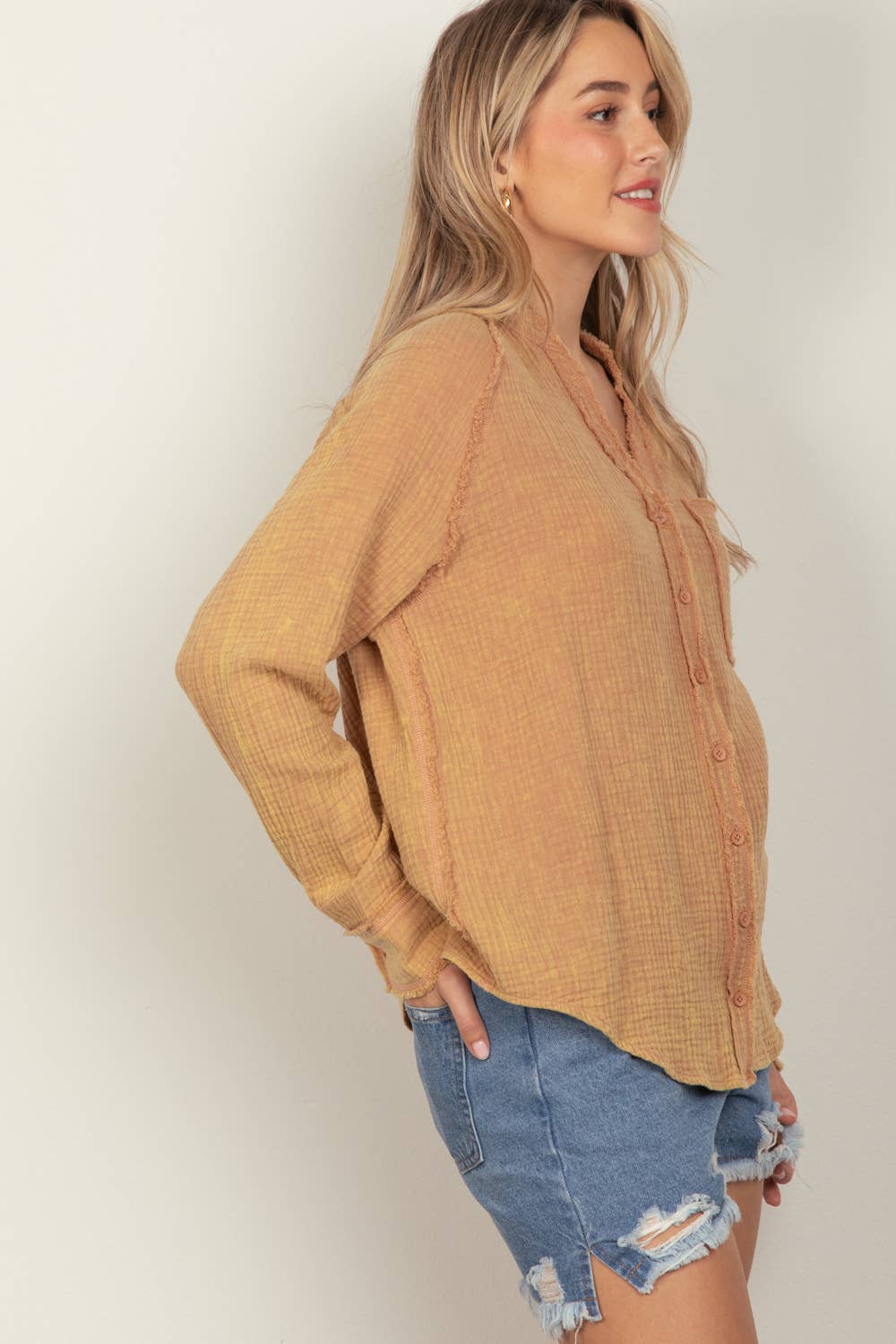 Oversized Washed Woven Crinkled Gauze Shirt Top