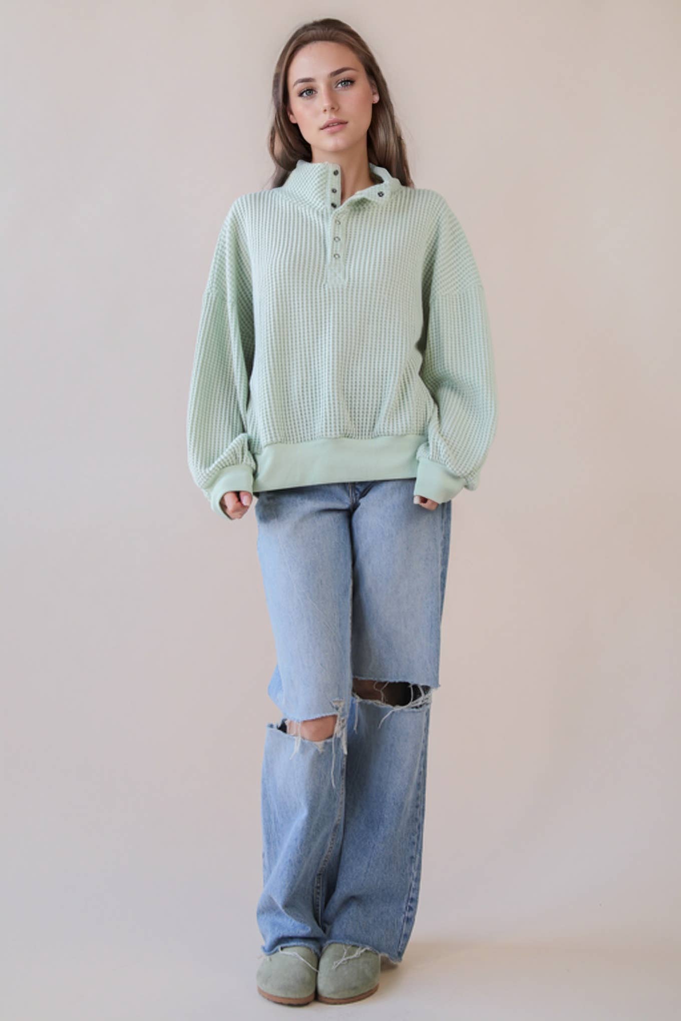 Oversized Half Button Down Casual Waffle Knit Top
