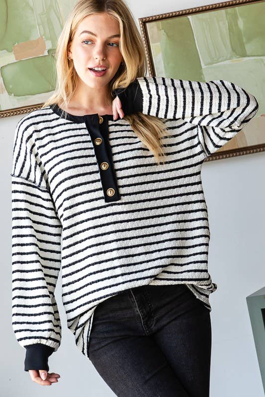 LONG PUFF SLEEVE STRIPE JACQUARD PRINT TOP