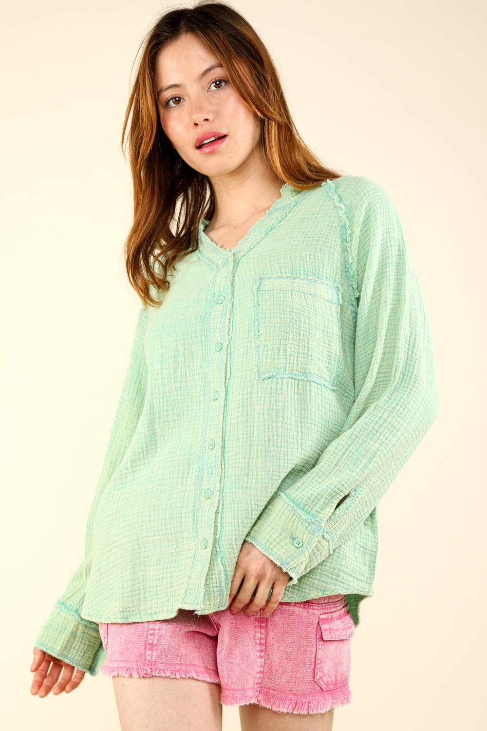 Oversized Washed Woven Crinkled Gauze Shirt Top