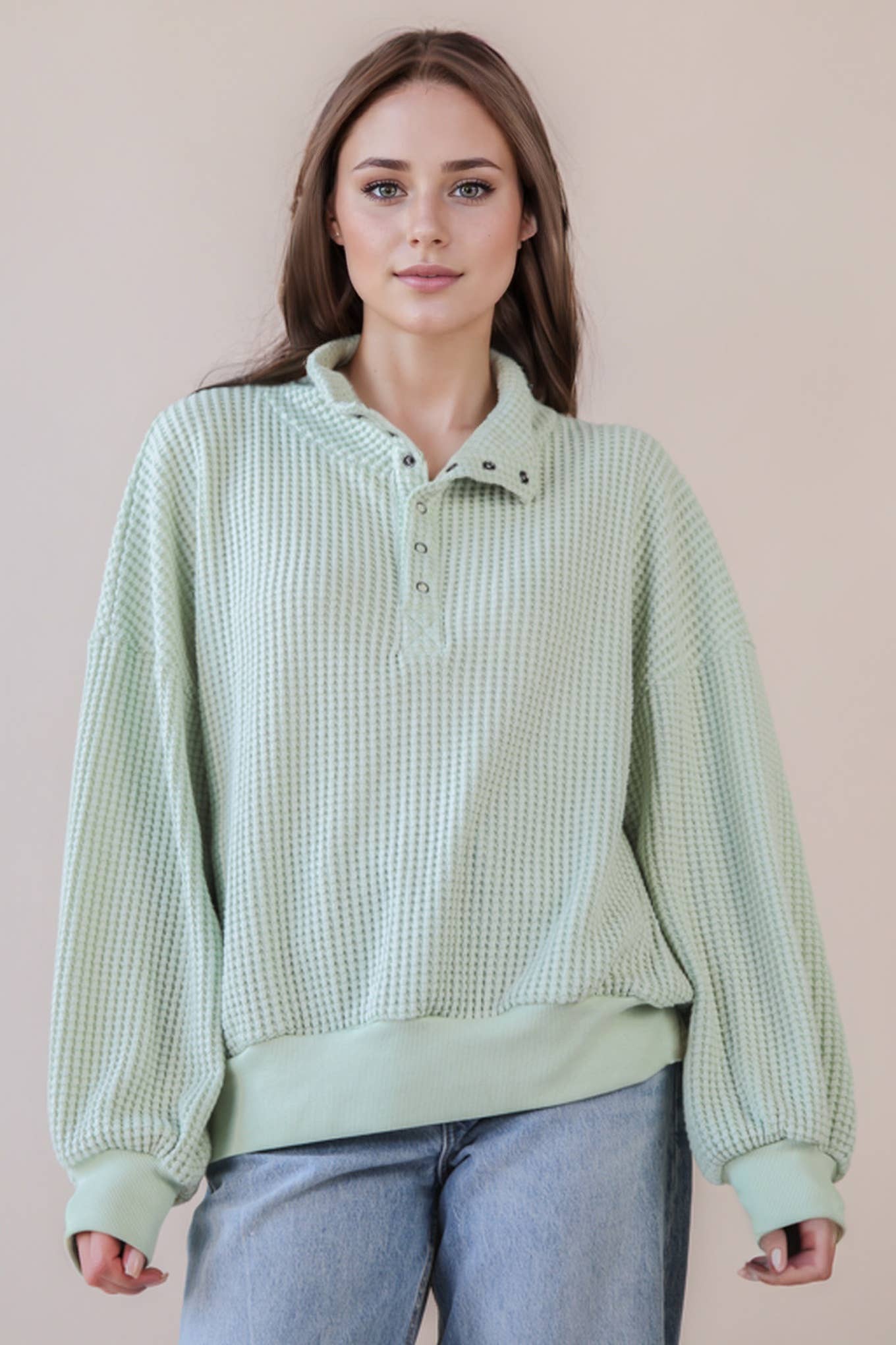Oversized Half Button Down Casual Waffle Knit Top