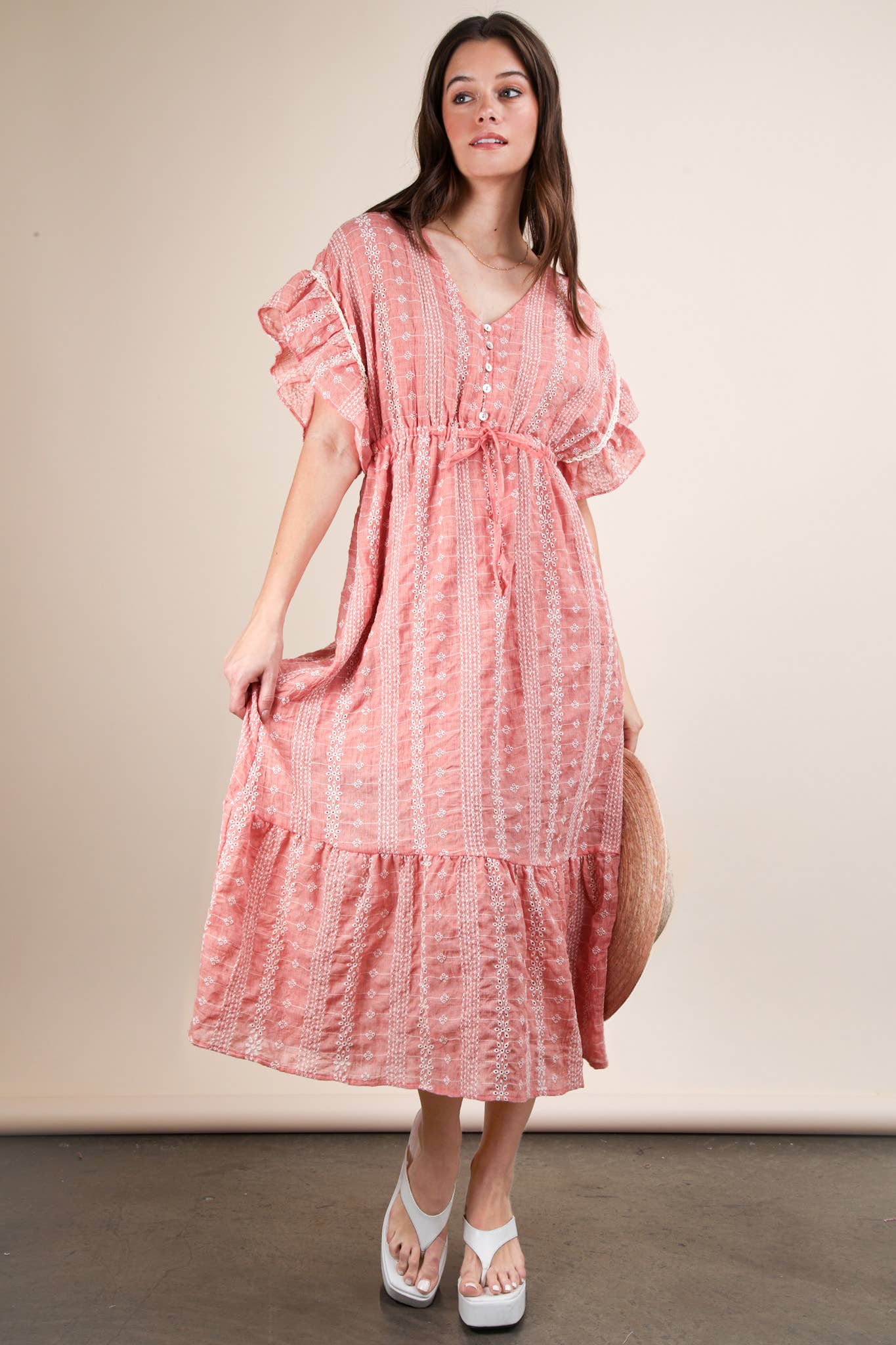 Embroidered Boho Ruffled Midi Dress