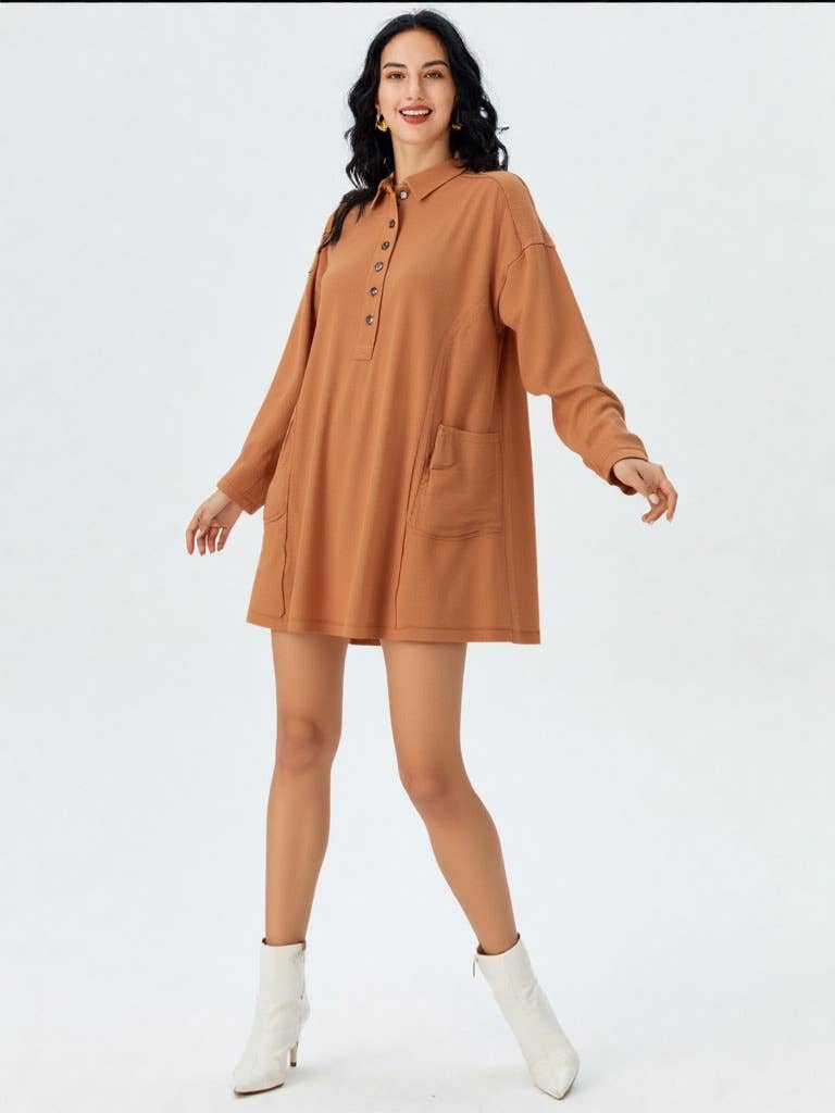 Casual Shirt Collared Knit Henley Mini Dress
