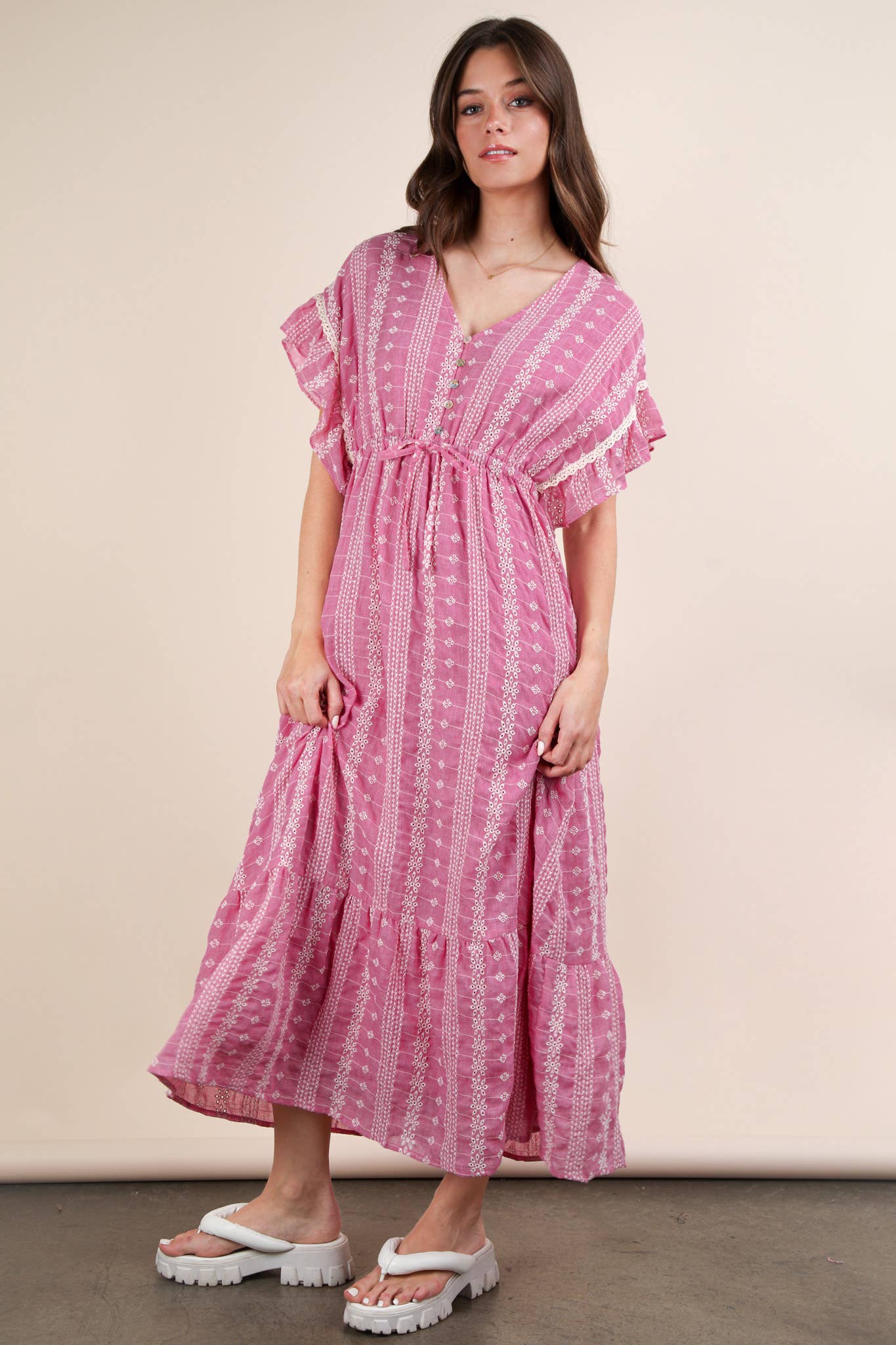 Embroidered Boho Ruffled Midi Dress
