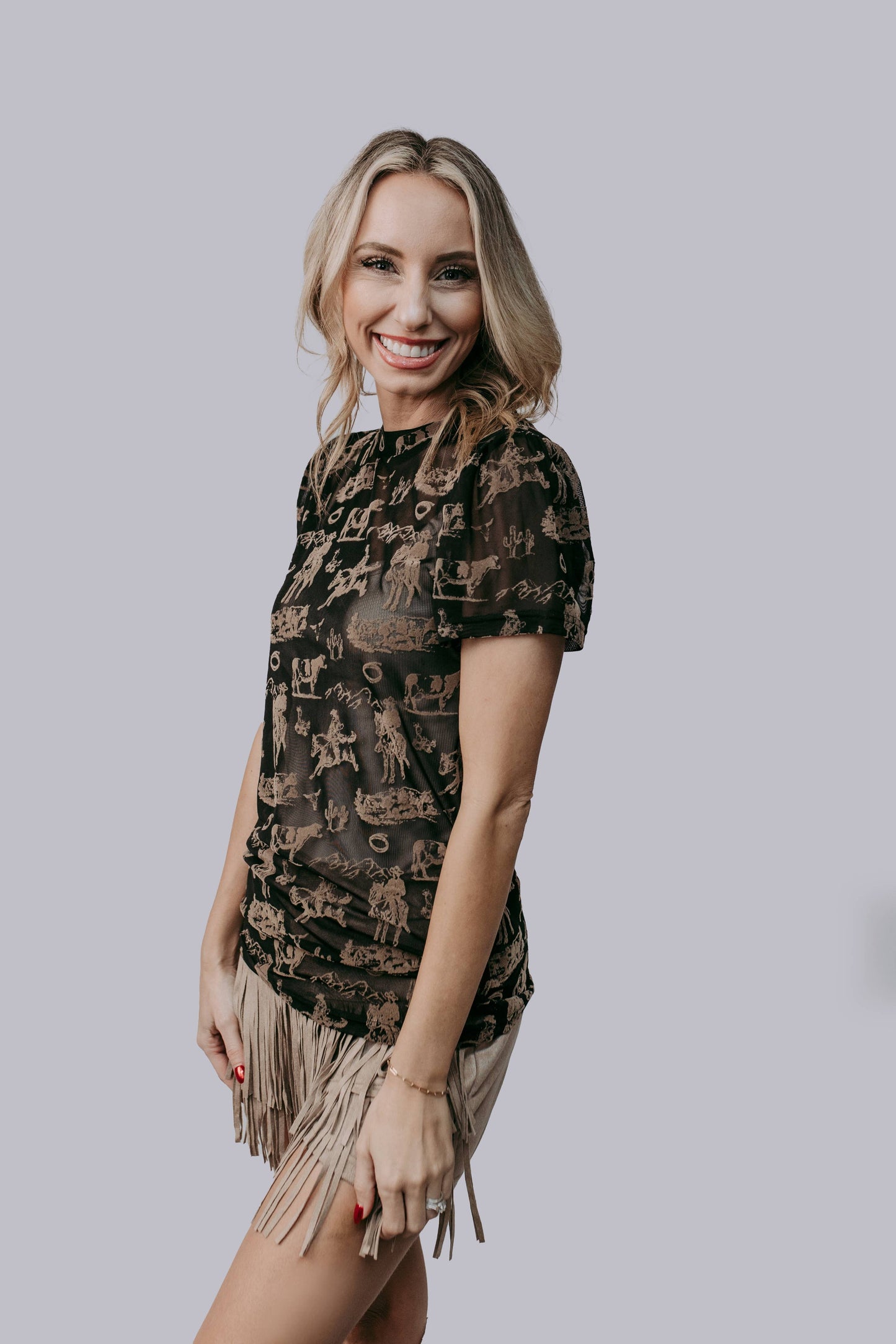 Puff Short Sleeve Western Scene Mesh