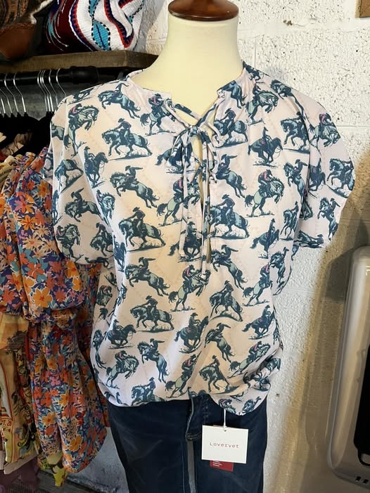 Bucking Horse Printed Front Tie Short Sleeve Top