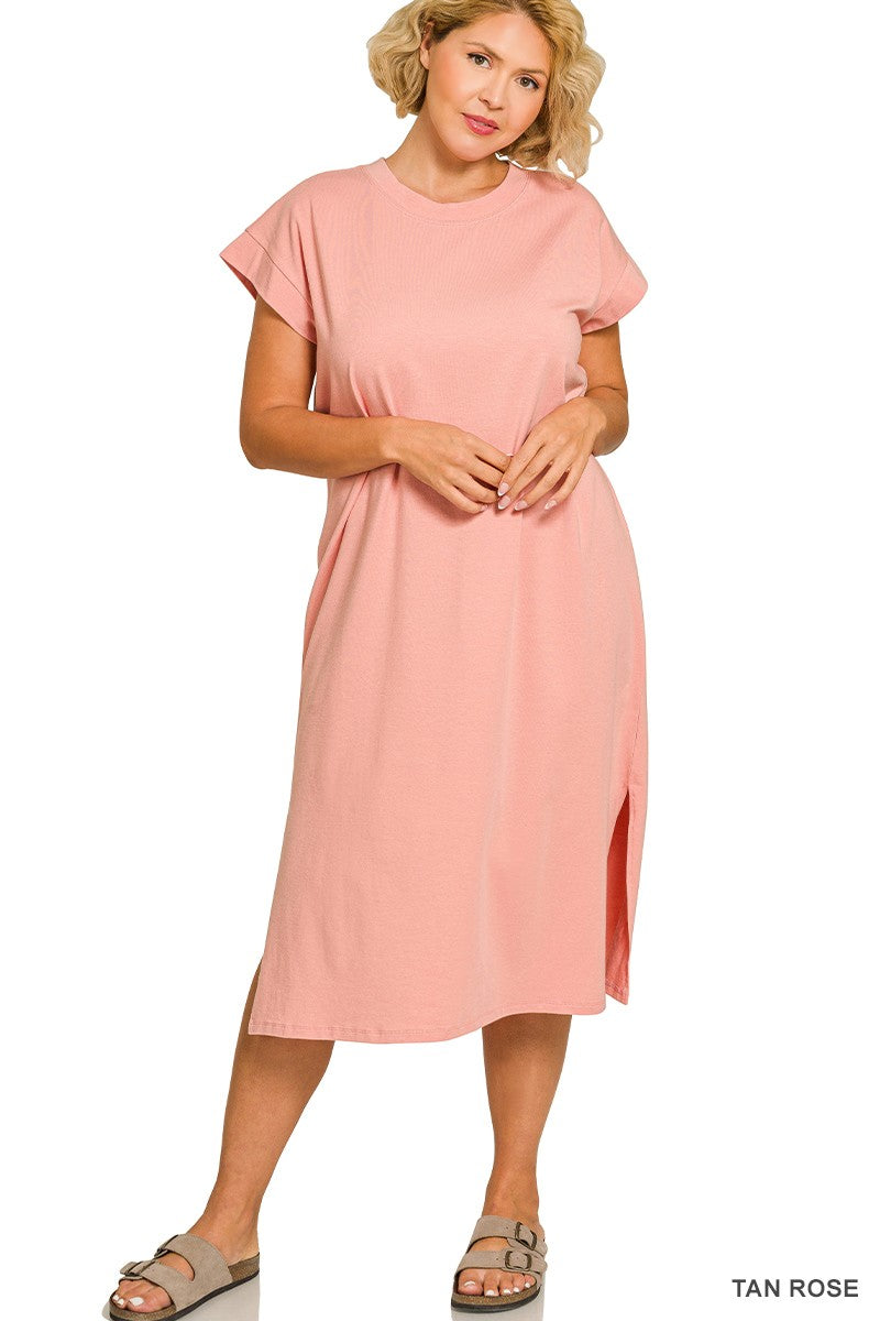 Plus Round Neck Short Sleeve Midi Dress